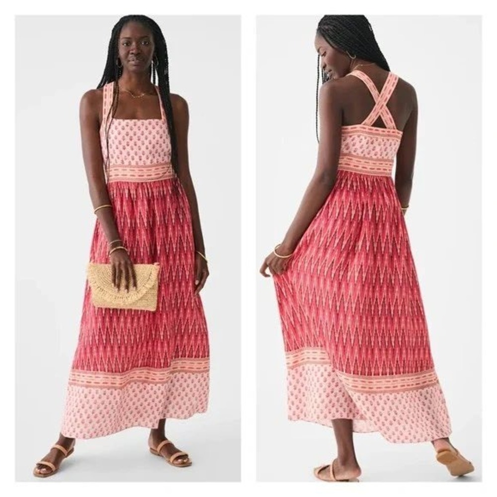 EUC Faherty Isha Maxi Dress Size S Pink Red Linen Ikat Block Print Cross Back